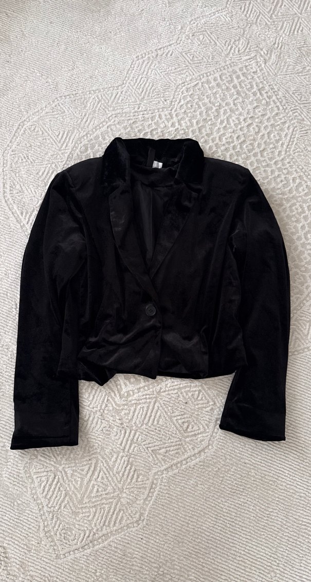 Siyah, Düğmeli, İpek Dokulu Kadın Blazer - Görsel 2