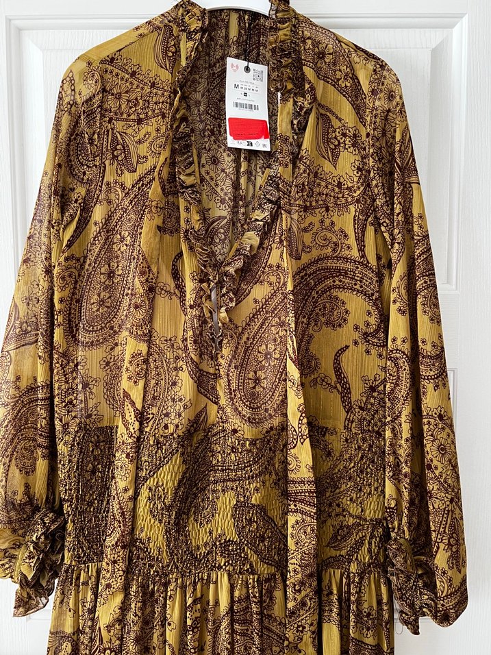 Bohem Tarz Uzun Kahverengi Desenli Elbise - Görsel 5