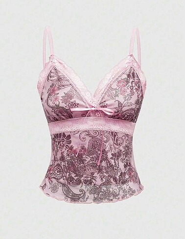 Pembe askılı dantelli bluz
