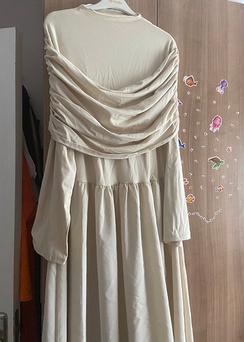 Bej Drapeli Elbise - Görsel 4