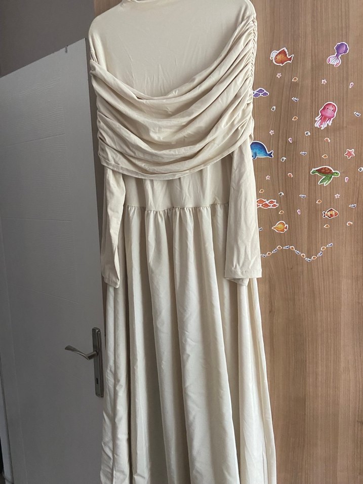 Bej Drapeli Elbise - Görsel 3