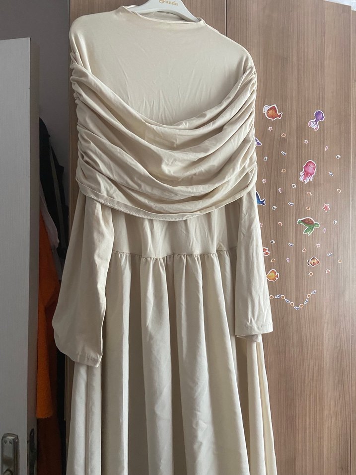 Bej Drapeli Elbise - Görsel 4