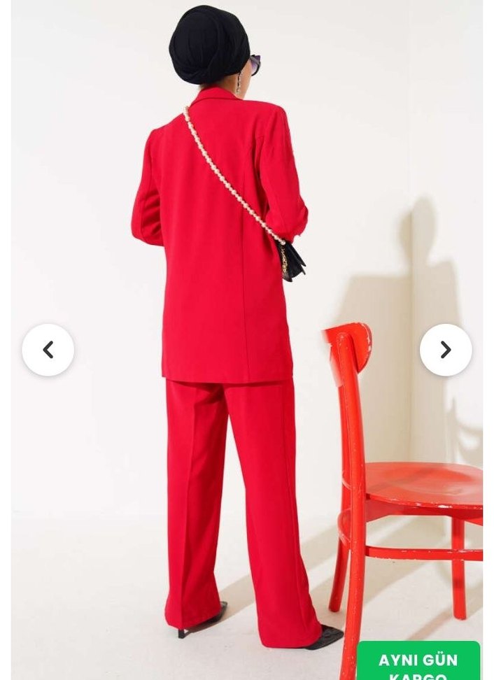 Kırmızı Taşlı Kadın Uzun Ceketli Takım - Görsel 4