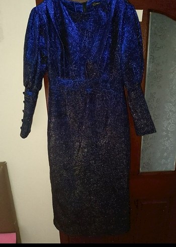 Parlak Lacivert Uzun Kollu Abiye Elbise - Görsel 2