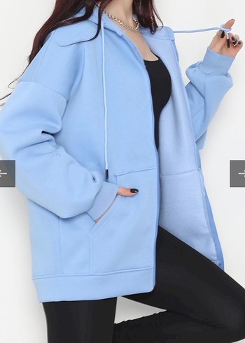 Kadın Mavi Fermuarlı Oversize Sweatshirt - Görsel 3