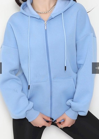 Kadın Mavi Fermuarlı Oversize Sweatshirt - Görsel 2