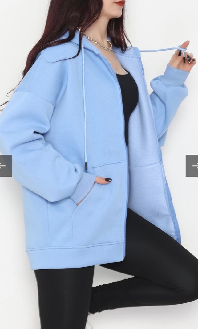 Kadın Mavi Fermuarlı Oversize Sweatshirt - Görsel 3