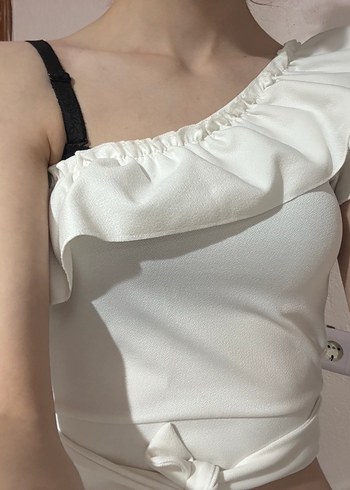 Beyaz Fırfırlı Straplez Midi Büstiyer - Görsel 2