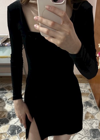 Siyah Süet V Yaka Mini Elbise - Görsel 2