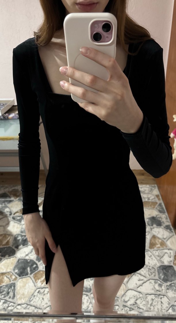 Siyah Süet V Yaka Mini Elbise - Görsel 2