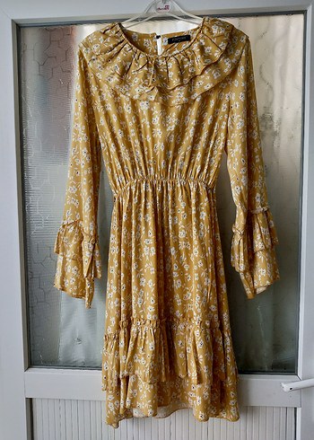 Sarı Uzun Kollu Fırfırlı Bohem Elbise - Görsel 9