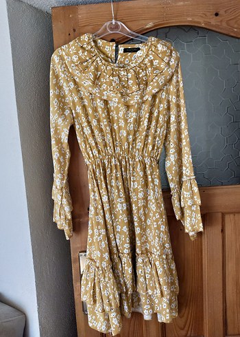 Sarı Uzun Kollu Fırfırlı Bohem Elbise - Görsel 10