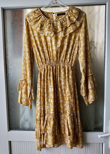 Sarı Uzun Kollu Fırfırlı Bohem Elbise - Görsel 7