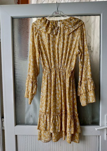 Sarı Uzun Kollu Fırfırlı Bohem Elbise - Görsel 6