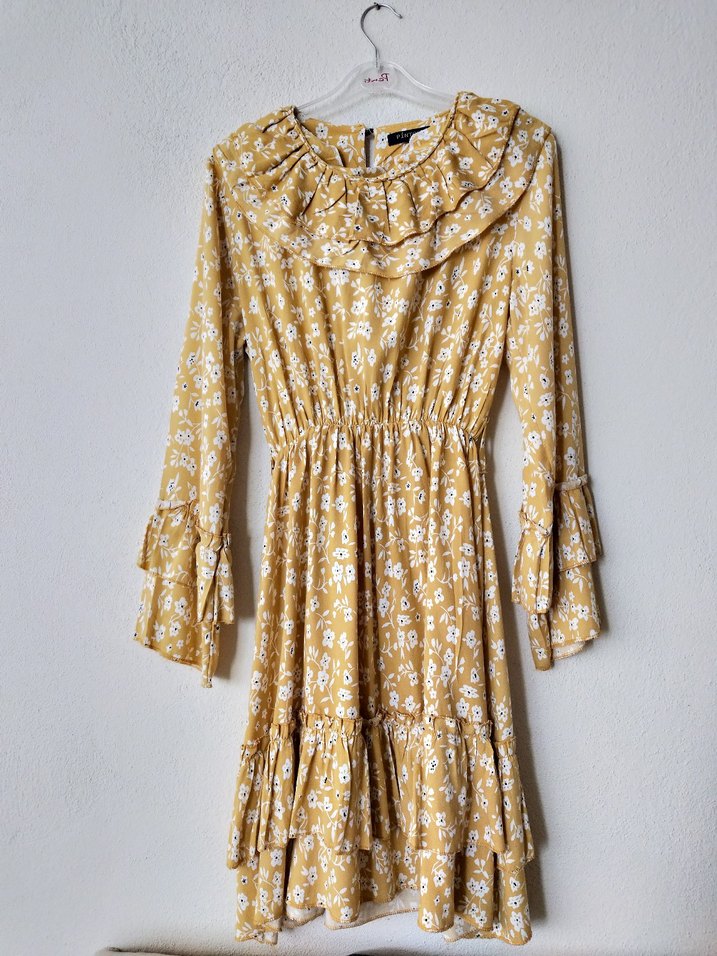 Sarı Uzun Kollu Fırfırlı Bohem Elbise - Görsel 2