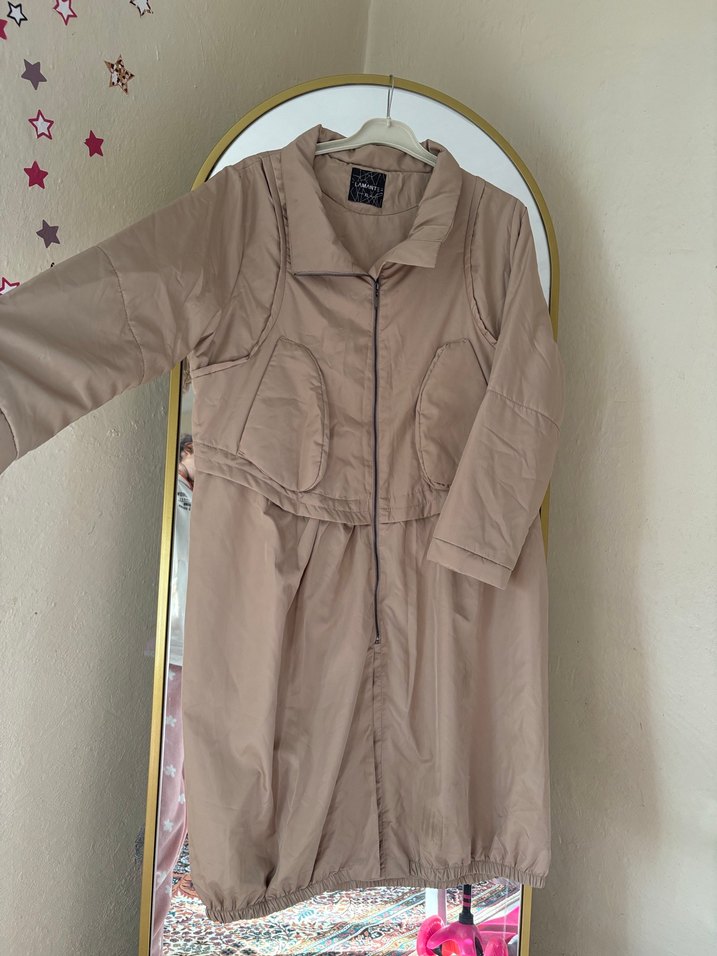 Bej Uzun yağmurluk Fermuarlı - Görsel 2