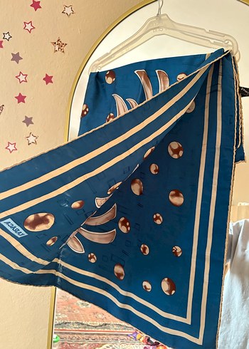 Mavi Bohem Çiçek Desenli İpek Eşarp - Görsel 3