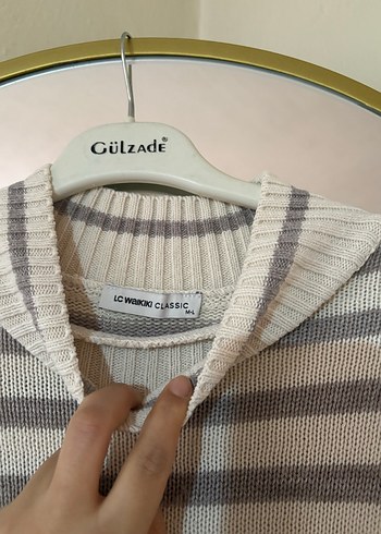 Bej Çizgili Yüksek Yaka Örgü Kadın Kazak - Görsel 3