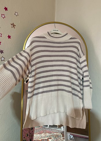 Bej Çizgili Yüksek Yaka Örgü Kadın Kazak - Görsel 2