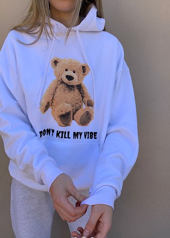 Kapüşonlu, Ayıcık Baskılı Beyaz Sweatshirt - Görsel 5