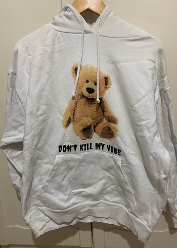 Kapüşonlu, Ayıcık Baskılı Beyaz Sweatshirt - Görsel 2