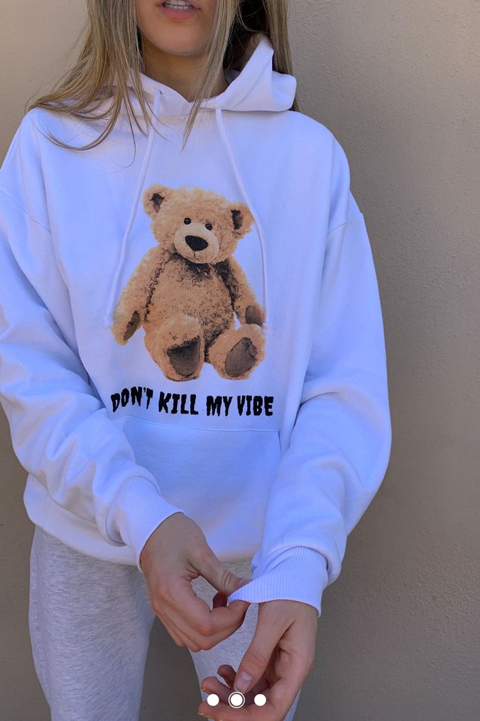 Kapüşonlu, Ayıcık Baskılı Beyaz Sweatshirt - Görsel 5