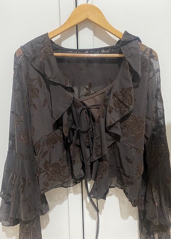 Kahverengi Nakışlı Fırfırlı Uzun Kollu Bluz - Görsel 2