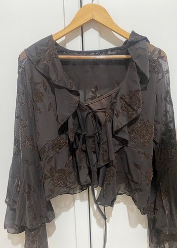 Kahverengi Nakışlı Fırfırlı Uzun Kollu Bluz - Görsel 3