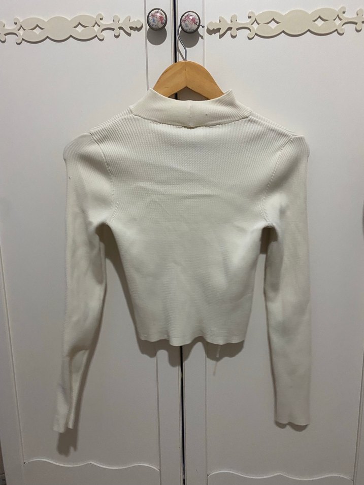 Beyaz Yarım Boğazlı Uzun Kollu Triko Kazak - Görsel 2