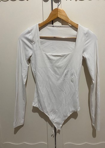 Beyaz Uzun Kollu kare Yaka Kadın body - Görsel 2