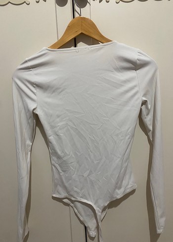 Beyaz Uzun Kollu kare Yaka Kadın body - Görsel 3