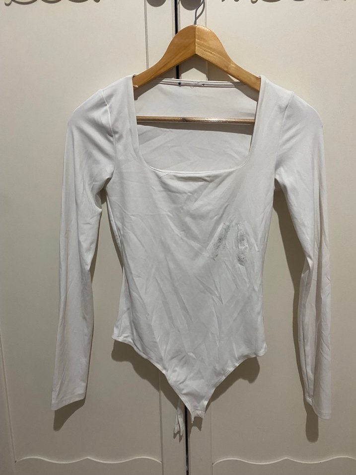 Beyaz Uzun Kollu kare Yaka Kadın body - Görsel 2