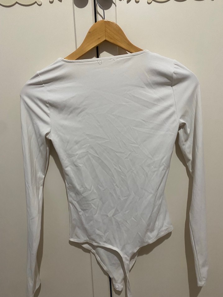 Beyaz Uzun Kollu kare Yaka Kadın body - Görsel 3