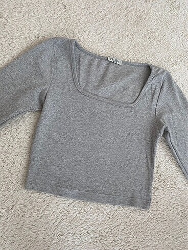 Zara gri kare yaka uzun kollu crop