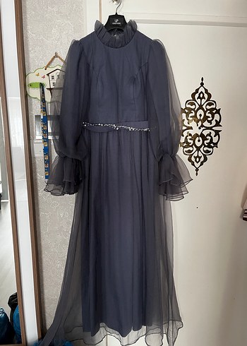 Uzun Kollu, Nakışlı, Gri Gotik Kadın Abiye Elbise