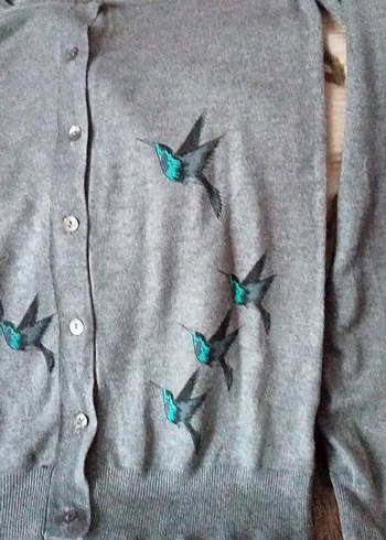 Düğmeli Gri Nakışlı Kadın kuş işlemeli - Görsel 2