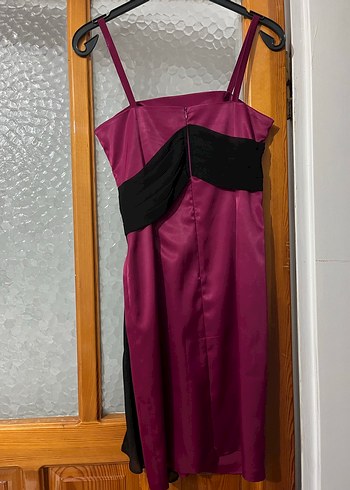 Fuşya Renk Siyah Tül Detaylı Saten Mini Abiye - Görsel 2