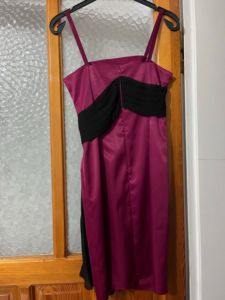 Fuşya Renk Siyah Tül Detaylı Saten Mini Abiye - Görsel 2