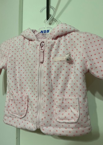 0-1 Ay Beden Kapüşonlu Pembe Desenli Fermuarlı Mont