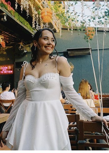Beyaz Straplez Midi Bohem Gelinlik