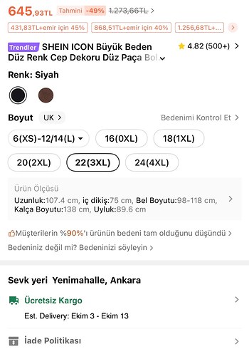 Sheinside Siyah 3 XL Kadın Denim Pantolon