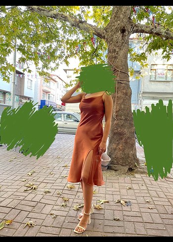 Tarçın Midi Saten Elbise - Görsel 4