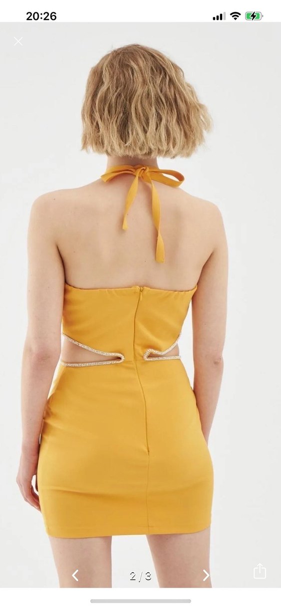 Sarı Mini Drapeli Straplez Abiye Elbise - Görsel 2