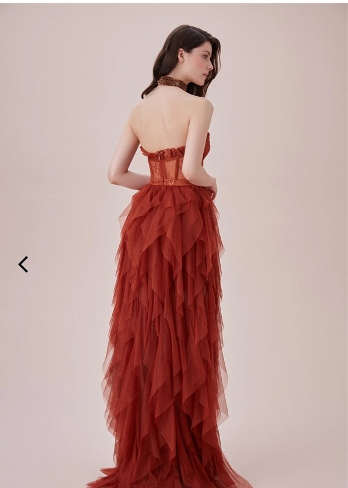 Tarçın Rengi Straplez Tül Alfabeta Abiye Elbise - Görsel 2