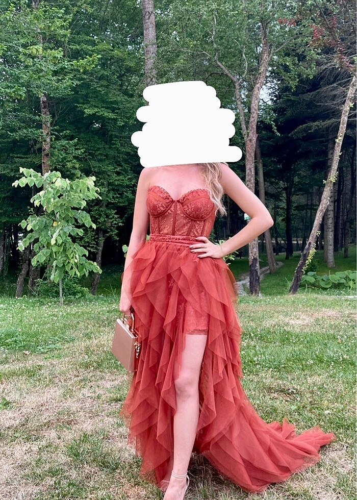 Tarçın Rengi Straplez Tül Alfabeta Abiye Elbise - Görsel 4