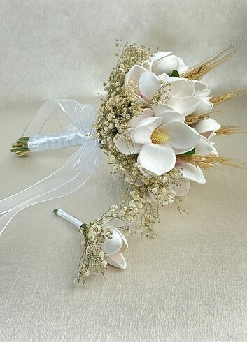MANOLYA GELİN EL BUKETİ VE DAMAT ÇİÇEĞİ SETİ 
