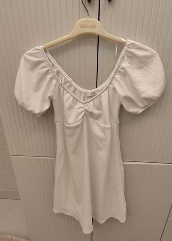 Beyaz Kısa Kollu Midi Keten Elbise - Görsel 3