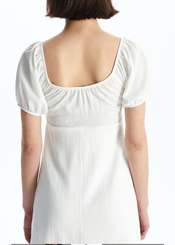 Beyaz Kısa Kollu Midi Keten Elbise - Görsel 5