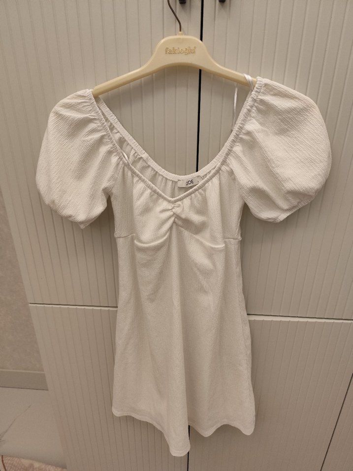 Beyaz Kısa Kollu Midi Keten Elbise - Görsel 3