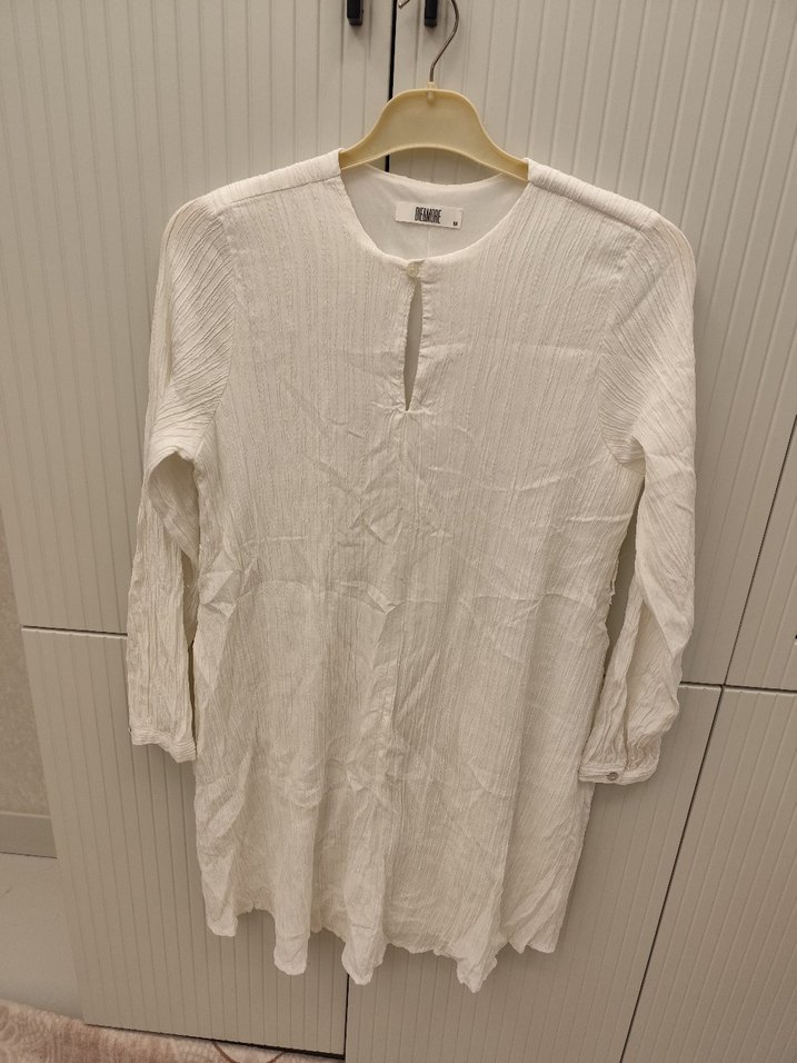 Bohem Beyaz Keten V-Yaka Uzun Kollu Gömlek - Görsel 2